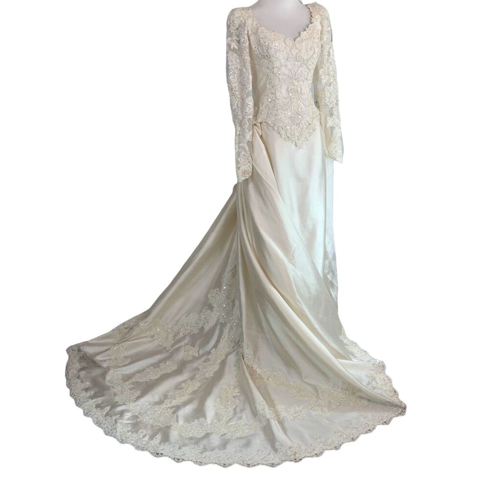 Elegant Sheath Wedding Dress Beads Sequin Appliques Removeable Chapel Train Sz M